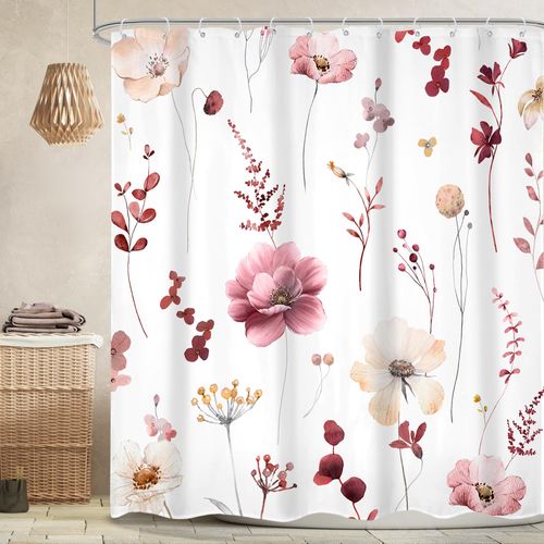 Omifly Watercolor Floral Shower Curtain 72Wx72H Inch Spring Burgundy Flower Print Bathroom Curtain Boho Shower Curtains for Bathroom Waterproof Fabric Washable Shower Curtain Set with 12 Plastic Hooks