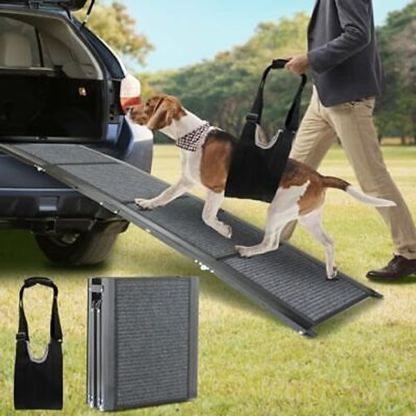 Folding Pet Car Ramp with Non-Slip Rug Surface, Portable Dog Ramp 63" L x 17" W