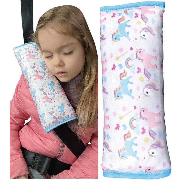 HECKBO Magic Unicorn car Seatbelt Pillow for Children - Machine Washable - Girl boy Kids Children Soft car seat Belt Cover Sleeping Pillows Protection car Travel Pillow Cushion Vacation