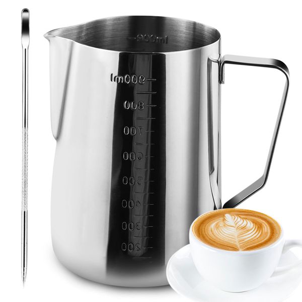 Milk Jug, 32oz/900ml Stainless Steel Milk Frothing Jug Milk Pitcher Cup for Espresso Machine Coffee Cappuccino Latte Art - Silver