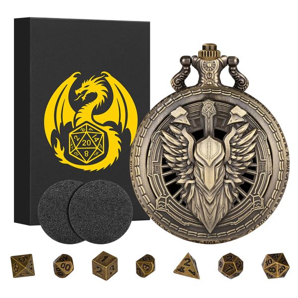 Mini DND Dice Set Steampunk Hollow Paladin Knight Warrior Pocket Watch Shell Case, 7pcs Polyhedral Metal D&D Dice Set, DND Gifts with Gift Box, Role Playing Board Games Accessories