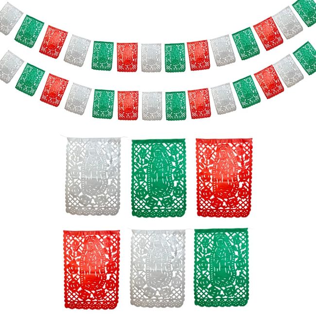 Papel Picado de La Virgen de Guadalupe - Red Green White Tissue Paper Mexican Banner Set - Mexican Fiesta Party Decorations, 20 FT Papel Picado Mexicano