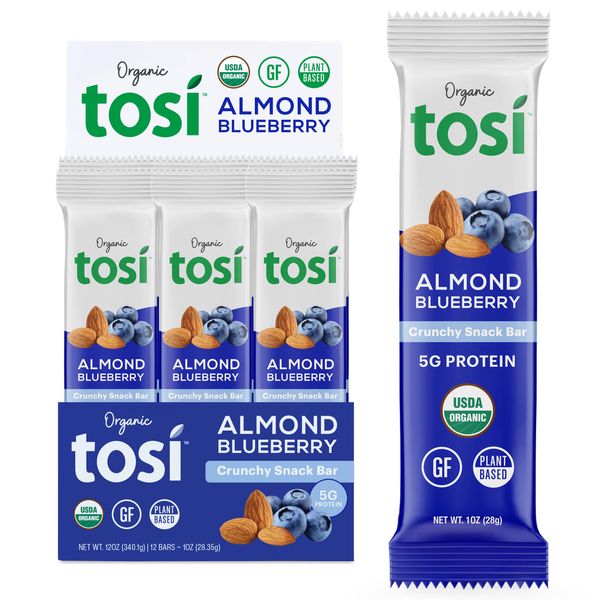 Tosi Plant-Based Protein Bars, SuperBites Nut Bars (12 Pack), Almond Blueberry, Vegan Snacks, Crunchy Snack Bar, Gluten Free, Soy Free, Non-GMO, Fiber, Flax & Chia Seeds (1oz each)