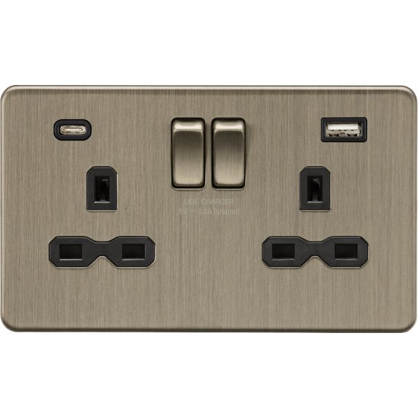 Knightsbridge 13A 2G SP Switched Socket with dual USB C+A 5V DC 4.0A [shared] - Antique Brass