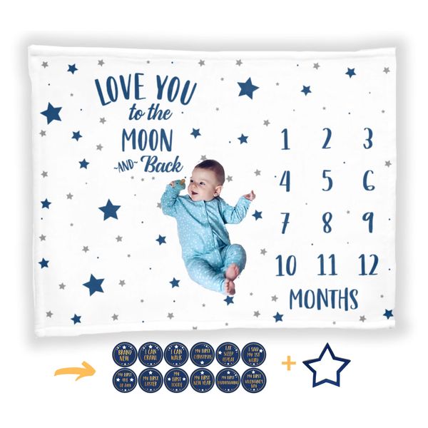 Baby Monthly Milestone Blanket with 12 Stickers, First Year Calendar Monthly Growth Tracker, Baby Boy Month Blanket, Stars Moon Nursery, I Love You to The Moon and Back, Baby Boy Shower Gift (50"x40")