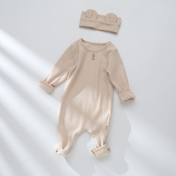 Baby Solid Color Pit Strip Graphic Long Sleeves Soft Cotton Romper Jumpsuit With Headband - 66 (3-6M) / Apricot