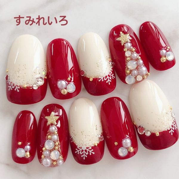 Nail tip Christmas design false nails beige cute short long simple presentation mother nail winter short nails small nails large nails berry short chibi nails false nails gel nails round Bordeaux red ivory red snow snow snowflake Christmas tree 1459