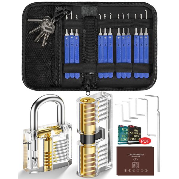 Lock Pick Set, IPSXP 25 Pcs Lock Picking Tools with 2 Pcs Transparent Practice and Training Locks for Lock Picking, with Leather Bag, Extractor Tool for Beginner and Pro Locksmiths (23+2pcs)