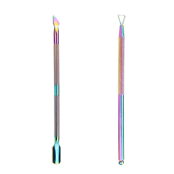 DOETYD 2 PCS Cuticle Pusher Stainless Steel Nail Gel Polish Remover Tool Kit Professional Double Head Nail Pusher Spoon Tool for Fingernails and Toenails Clean or Remove Gel Polish, Colored Titanium