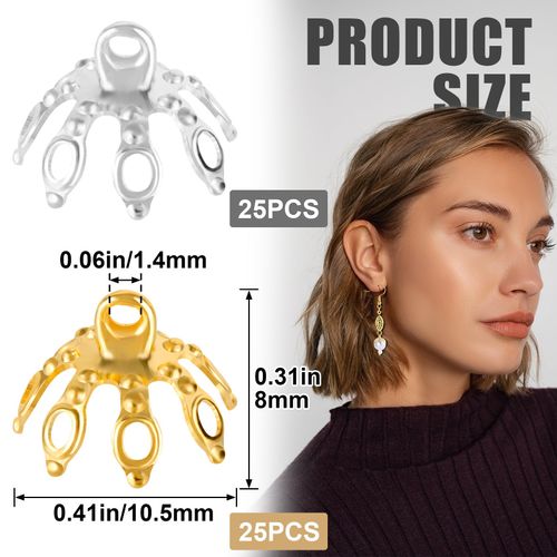 Pndeyo 50pcs Flower Bead Caps for Jewelry Making, Hypoallergenic Alloy End Cap Bails, Flower Beads End Caps for Earrings Bracelets Anklets Pendants Rings DIY Crafts- Gold & Silver