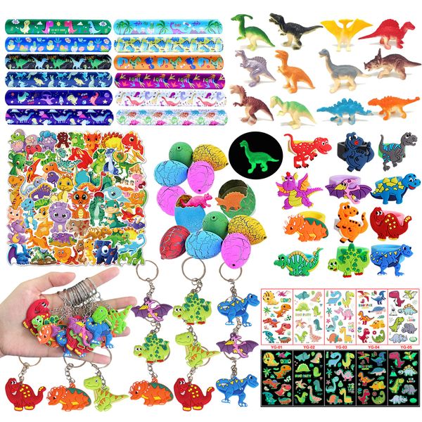 XIPEGPA 132 PCS Dinosaur Party Favors with Dinosaur Themed Eggs Dinos Slap Bracelets Keychains Rings Stickers for Kids Birthday Party Supplies Classroom Prizes Box Gift Goodie Bag Fillers