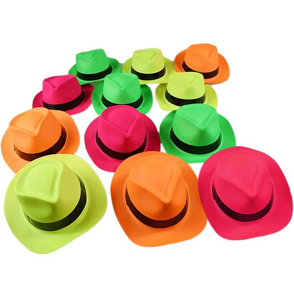 Novelty Place 24Pcs Neon Plastic Party Hats, Fedora with Gangster Mafia Style, UV Blacklight Glow Party Stars Rave Hats for Kids and Teens in Birthday, Concerts, Music Party