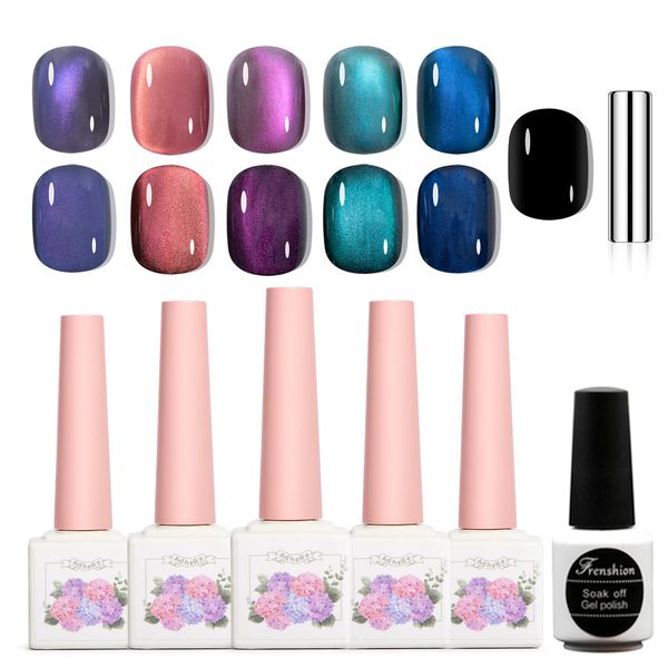 5Pcs 12ML Adhere Cat Eye Soak Off UV LED Gel Nail Polish Set,Water Light Sensation Colorful Light Ultrafine Magnetic Powder Blue Green Cat Eye with Magnet+ 7.3ML Black Color Gel Polish