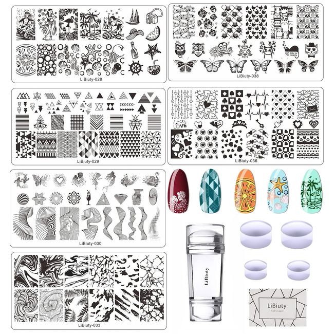 JEEWHEET 6 Nail Art Stamping Plates with Stamper and Scraper - Flowers, Geometric Patterns Nail Template for Nail Salon Designs - Nail Image Stamp Plates Manicure Templates Nail Art Tools