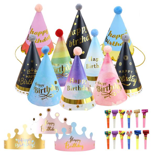QSZHSL 25 Stücke Partyhüte Set, Partyhüte Kindergeburtstag Party Kegel Hüte mit Pom Poms, Papier Krone Hut Party Kegel Hüte Kindergeburtstag Tröte,für Familienfeiern für Kinder Erwachsene (25 Stücke)