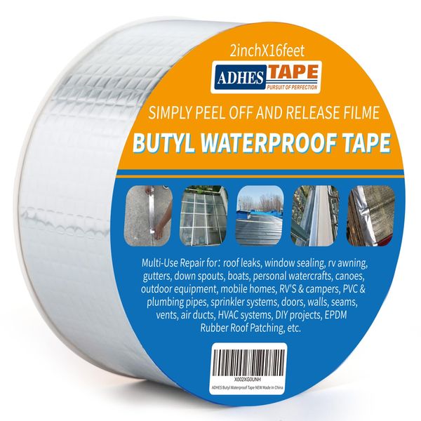 ADHES Butyl Tape Waterproof Tape, 47 mil Thick, 2 inch x 16 feet, Aluminum Foil Tape Butyl Sealant tape for RV Repair, Window, Silicone, Boat and Pipe Sealing, Glass & EDPM Rubber Roof Patching,Silver