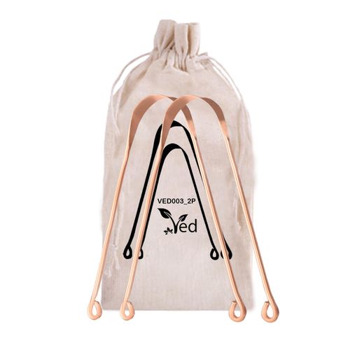 Ved Copper Tongue Scraper Tongue Cleaner 2 Pack - Natural Breath Freshener and Confidence Enhancer with Eco Friendly Travel Bag