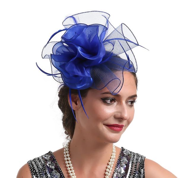 Women Fascinators Hat Organza Flower Feather Fascinators Wedding Fascinators Tea Party Hat Flapper Pillbox Fascinator Hat Derby Ascot Hat with Headband Hairclips Headdress Headpieces Royal Blue