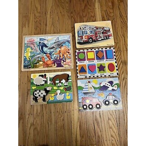 Lot 5 Melissa & Doug Ocean Fire Truck Car Airplane Farm Animal Shape Wood Puzzle