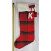 NEW St Nicholas Square Red Black Plaid 21" Christmas Stocking "K" Initial Fabric