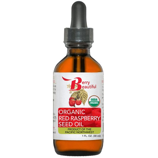 Berry Beautiful Certified Organic Red Raspberry Seed Oil - Cold Pressed from Organically grown Raspberries - 100% Pure & Unrefined - 1 fl oz