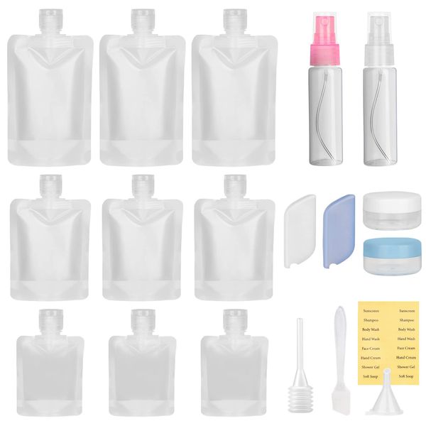 Travel Pouches for Toiletries 19 Pcs, Leak Proof Portable Travel Fluid Makeup Packing Bag 30ml/50ml/100ml, Travel Bottles for Toiletries with Labels, Cosmetic Jars and Pump Dispenser Bottles Funnels