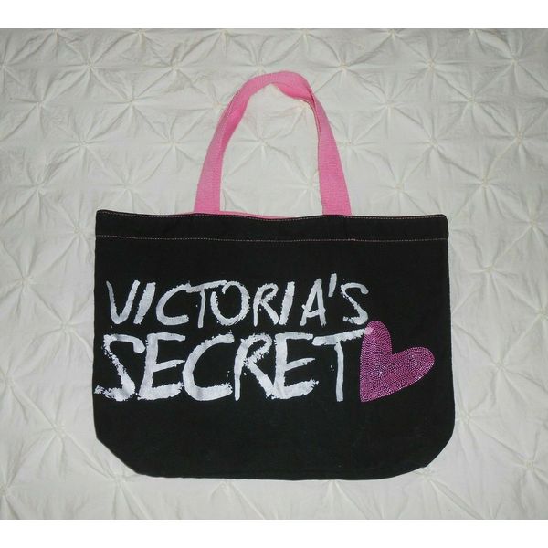 Victoria Secret Black Silver Canvas Travel Tote Bag Pink Bling Sparkling Heart