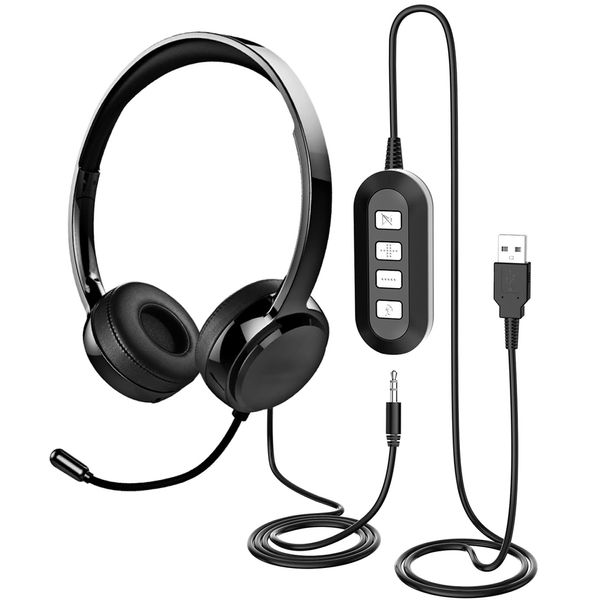 USB Headset with Microphone for PC Laptop, JabNecter 3.5mm Headphones with Microphone Noise Canceling & Volume Control, Computer Headset with Mute&Sidetone for VoIP Skype MS Teams Online Conference