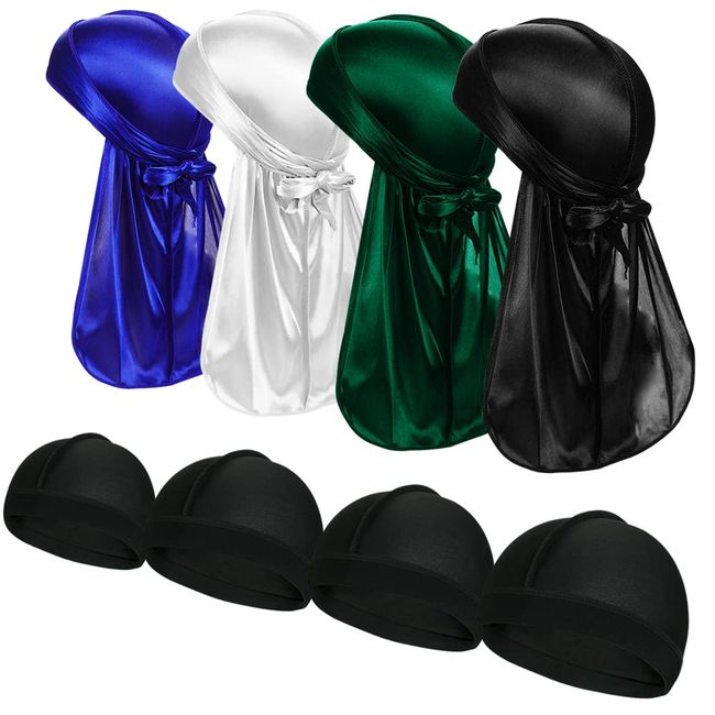 4 Stück Silky Durag Pack Doo Rag mit langem Schwanz und 4 Stück Satin Wave Cap Perfekt für Männer 360 Waves