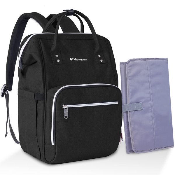 MAYMOONER Schwarz Baby Wickelrucksack Wickeltasche Rucksack mit tragbarer Wickelauflage für Babys Jungen Mädchen,Unisex Multifunktional Babytasche für Mama und Papa