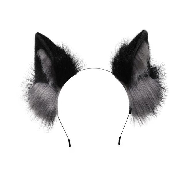 ILUFAM Furry Fox Wolf Cat Ears Headband Animal Cosplay Hair Hoop Party Costume Headwear Fancy Dress Hair Accessories (Black&Grey)