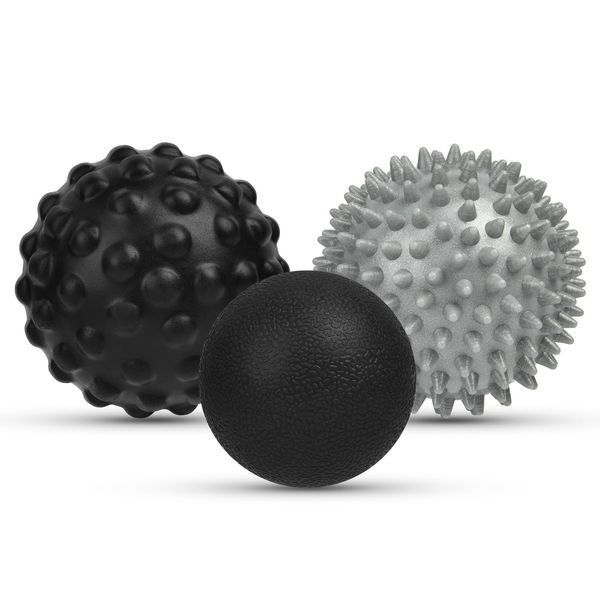 URAQT 3Pcs Massage Ball Set, Spiky ＆ Lacrosse ＆ PU Foam Bump Fascia Ball, Body and Foot Massage Roller, Muscle Massager Hard Exercise Ball for Plantar Fasciitis, Trigger Point Therapy