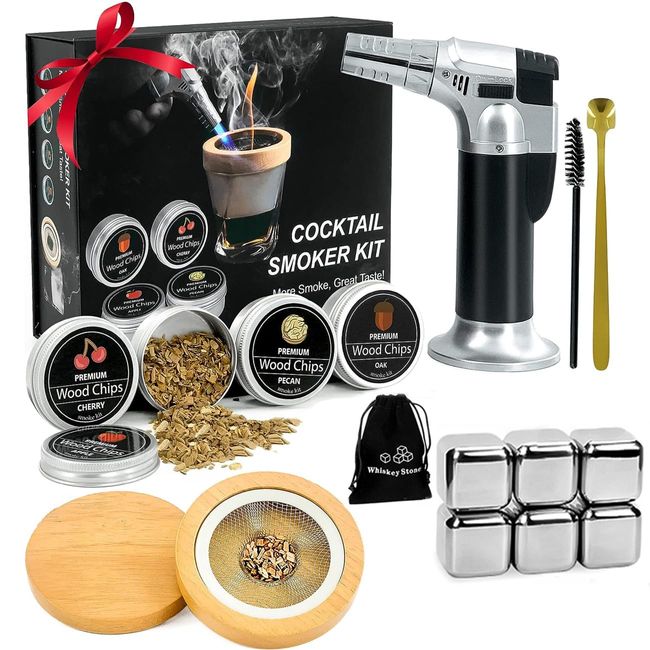 YTCYKJ Cocktail Smoker Kit 16 Pieces Set with 4 Wood Chip Torches with Cleaning Brush Ice Cubes Non-Melting Ice Stainless Steel Ice Flavor Easy Traditional Cocktail Kit Whiskey Gift Cocktail Smoker No