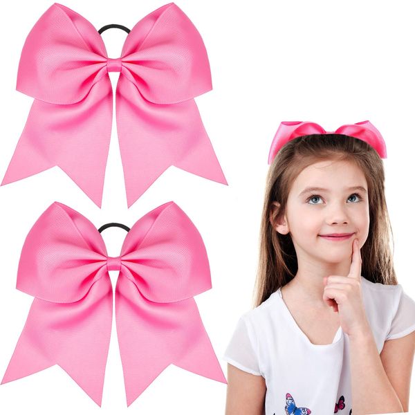 2 Packs Jumbo Cheerleading Bow 8 Inch Cheer Bows Large Cheerleading Hair Bows with Ponytail Holder for Teen Girls Softball Cheerleader Outfit Uniform (Hot Pink)