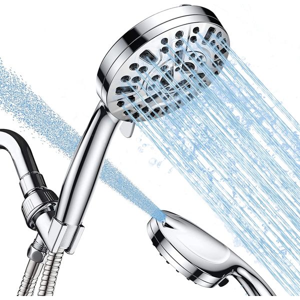 Likense High Pressure Shower Head with Handheld, 10 Spray Settings Combo Water Saving Shower Heads with Stainless Steel Hose,Holder & PTFE Tape, Wider Silver Face for Tubs Tiles Walls Pets Cleaning