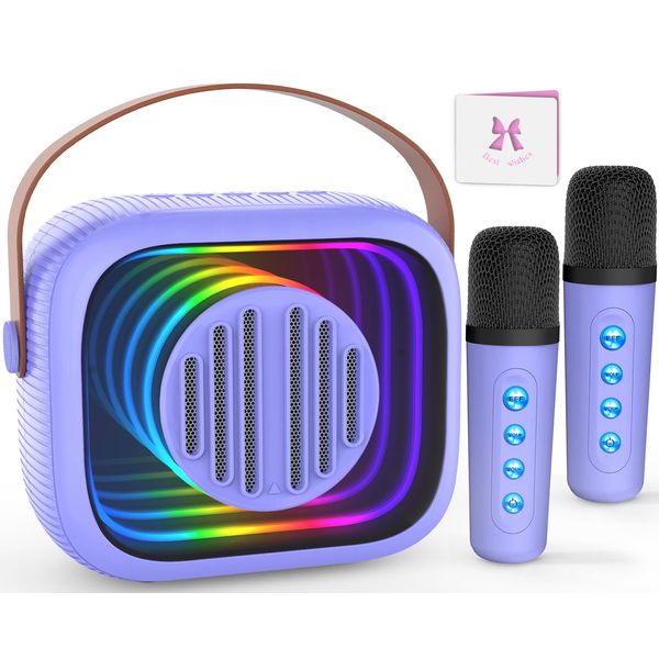 Karaoke Machine for Kids Adults, Portable Mini Karaoke Speaker with 2 Wireless Microphones, Stereo Sound and Colorful Lights, Toys Christmas Birthday Gifts for Girls 4, 5, 6, 7, 8, 9, 10, 12 Year Old