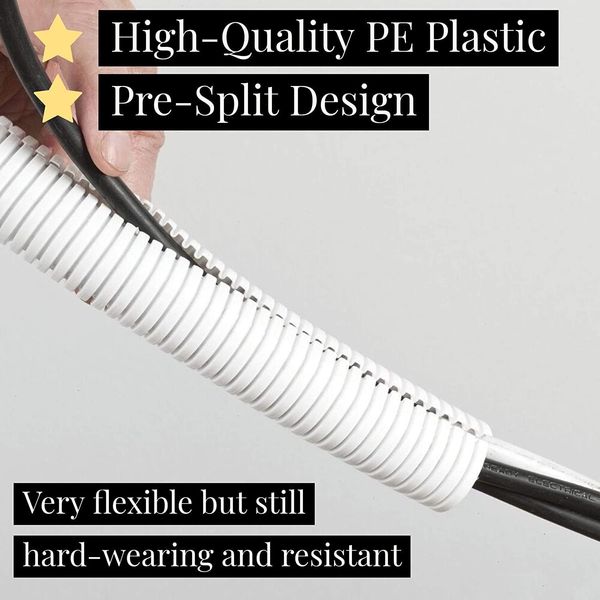 White Corrugated Conduit Split Plastic Flexible Cable Tidy Solution Tube Trunking 10mm - 5m