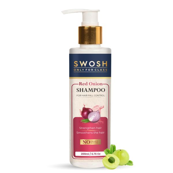 SWOSH Ayurvedic Red Onion Shampoo With Aloe Vera, Amla & Onion Extract 200ML for Hair Cleansing - Suits All Skin Types | Parabens & Sulphate Free