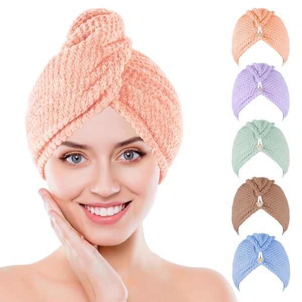 Kldnkig Microfiber Hair Towel Wrap, 5 Pack Soft Hair Drying Towel with Elastic Band, Drying Hair Wrap Towels for Curly, Hair Towel Wrap for Women, Fast Drying Hair Turban, Hair Turbans for Wet Hair