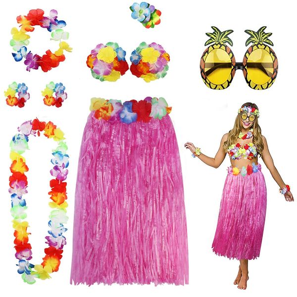 PHOGARY 8 Pack Hula Skirt Costume Accessory Kit for Hawaii Luau Party - Dancing Hula with Flower Bikini Top, Hawaiian Lei, Hibiscus Hair Clip, Pineapple Sunglasses for Women (Pink)