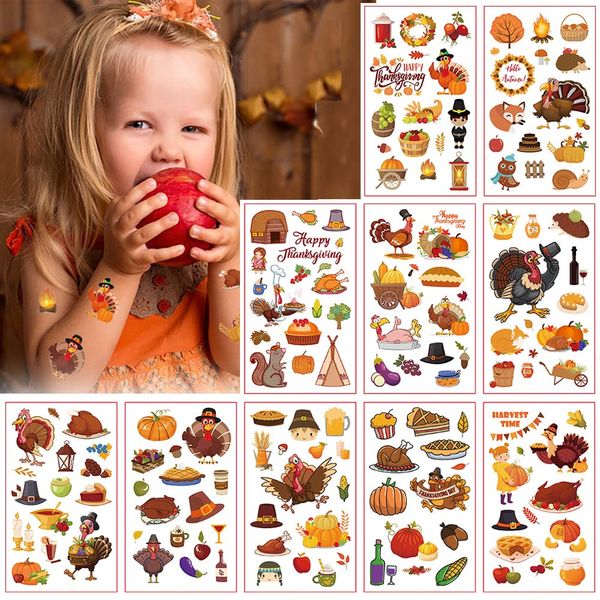 Fall Decorations Turkey Temporary Tattoos Autumn Thanksgiving Day Party Fake Tattoos Stickers for Kids and Women Turkey Roast Chicken Scarecrow Cute Pattern Tattoos Thanksgiving Party Supply 10Sheets