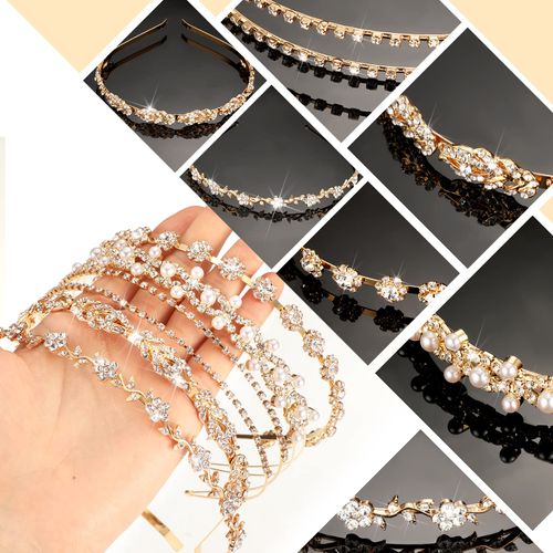 5 Pieces Rhinestones Wedding Headbands Flower Leaves Crown Headband Gold Wedding Hair Accessories for Brides Thin Bridal Faux Pearl Hair Band Headdress Headpiece Tiara for Bridesmaids Women Girl Party