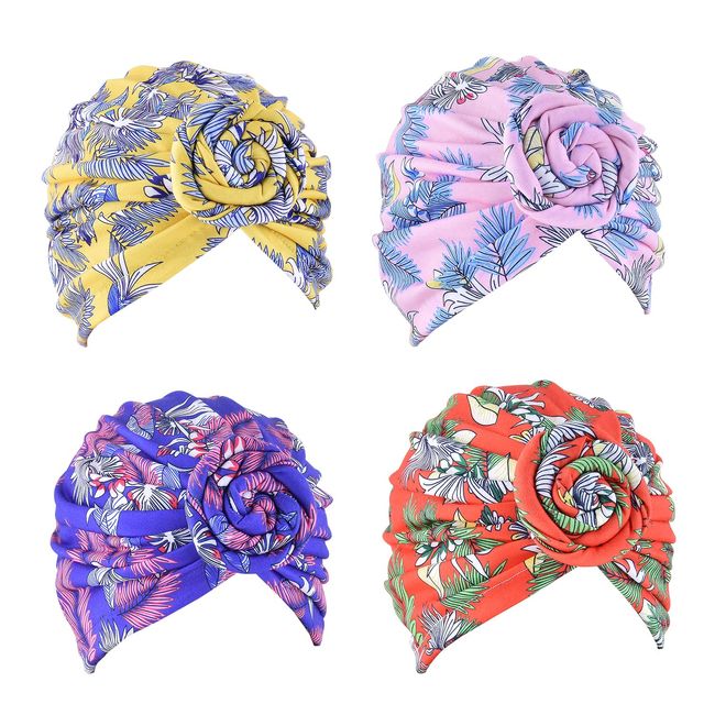 WKJHO 4 Pieces Womens Turban Hat Head Wraps for Women Twist Knot Pre-Tied Bonnet Turbans for Women Unique Leaf Pattern Beanie Cap Hats