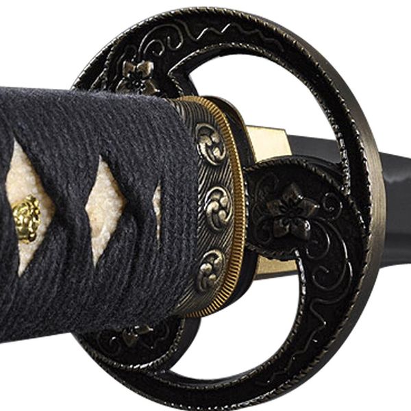 Handmade Sword - Samurai Wakizashi Swords, Functional, Hand Forged, 1045 Carbon Steel, Heat Tempered, Full Tang, Sharp, Cherry Blossom Tomoe Crest Tsuba, Black Wooden Scabbard