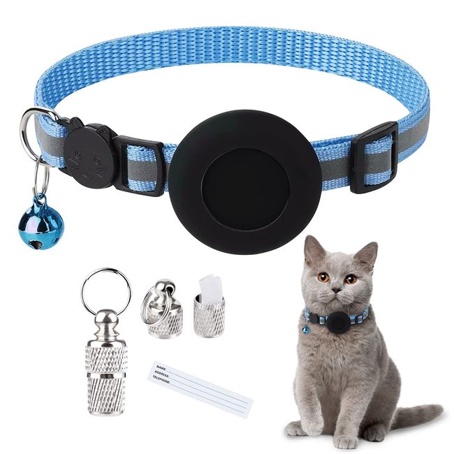 Airtag Katzenhalsband, Reflektierendes Katzenhalsband mit Glocke und Airtag Halter Kompatibel mit Apple Airtag, Schön Katzenhalsband mit abbrechbarer Sicherheitsschnalle für Kätzchen Welpen (blau)