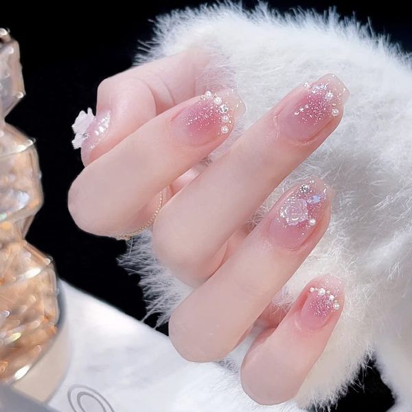 AAGWW Nail Tips, Berry Short, False Nails, Long, Coming-of-Age Ceremony, Mat, False Nails, Cute, Beautiful Shell Supplies, Workshop, Glue Design (Color: Romantic Stars, Product Contents: 24 Nail Art + Glue)