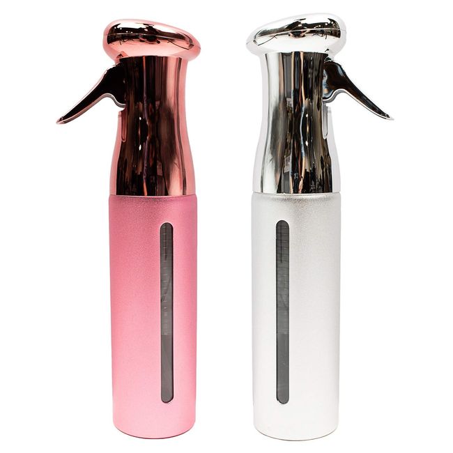 KEEN Continuous Spray Bottle, 10 OZ Fine Mist for Hair Styling, Barber, Plants, Refillable Empty Water Bottle Trigger Sprayer Set, Pink/Silver, 2 Pack