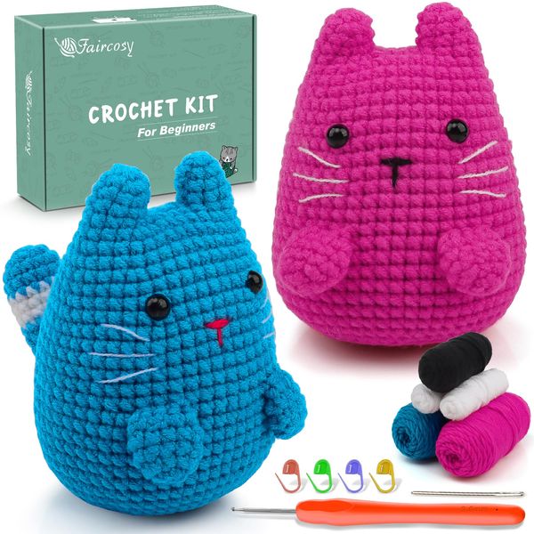 Faircosy Crochet Kit for Beginners Crocheting: Crochet Animal Kits for Kids & Adults - Learn to Knitting Cat Amigurumi Starter Kit with Detailed Tutorial Video and Instructions (40%+ Yarn Extra)