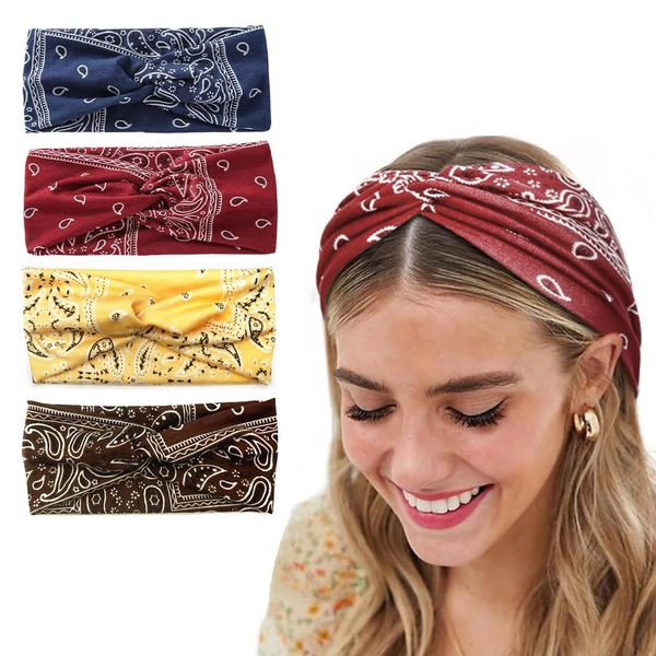 Haarband Damen Breite Elastische Weiche 4 Pcs Sommer Boho Stirnband Print Bandana Yoga Sport Haarband Mehrfarbig Haarband Damen Sommer Dünn Stirnbänder