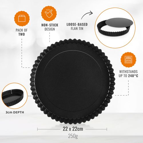 ebake Quiche Dish - 2 Pack 22cm Round Quiche Tins with Loose Base and Non Stick Coating - Fluted Carbon Steel Quiche Tin for Quiche Dishes, Tart Dish, Flan Dish and Pie Dish